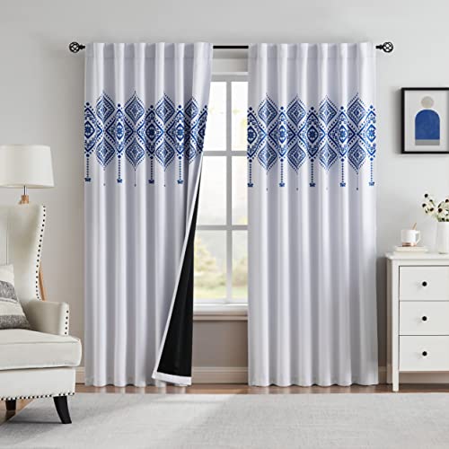 Blue And White Full Blackout Window Curtain Panels Tribe Ethnic Geometric Pattern Decorative Top, Back Tab Rod Pocket Design, Geo Room Darkening Window Treatment Sets 52" L X 84" W For Living Room #TOP1