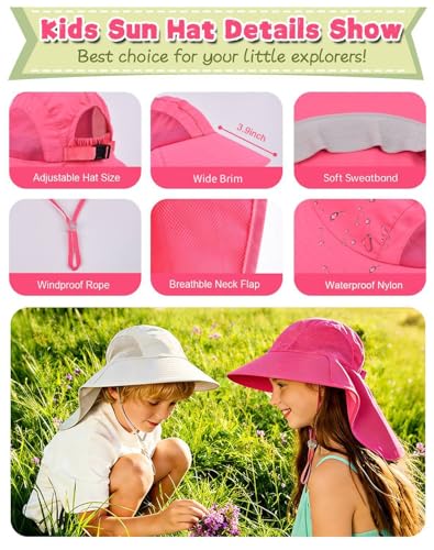 Image of Rosoz Kids Sun Hat with Neck Flap UV Protection Summer Toddler Beach Hat Unisex Ponytail Hat Wide Brim Fishing Hat