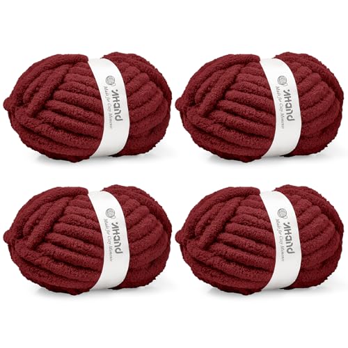Image of Inhand Dark Red Chunky Chenille Yarn for Hand Knitting,Thick Bulky Mom Blanket Yarn for Crocheting,Soft Fluffy Yarn for Mother's Day Gifts and Crafts for Women /Grandma,4 Pack (29.5Yds /8.4oz Each)