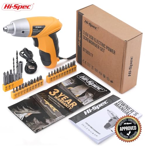 Image of Hi-Spec Small Electric Screwdriver, Mini Drill Set, Rechargeable 3.6V Cordless Screwdriver with 26 Driver Bits, Power Tool for Small Projects & Home Use, Red (Yellow)