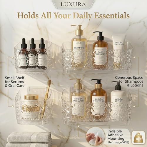 Image of Luxura Self Adhesive Bathroom Shelf Set of 4 | Clear Acrylic Bathroom Organizer | Wall Mounted Bathroom Rack | Waterproof & Rustproof Storage Shelf for Bathroom & Kitchen