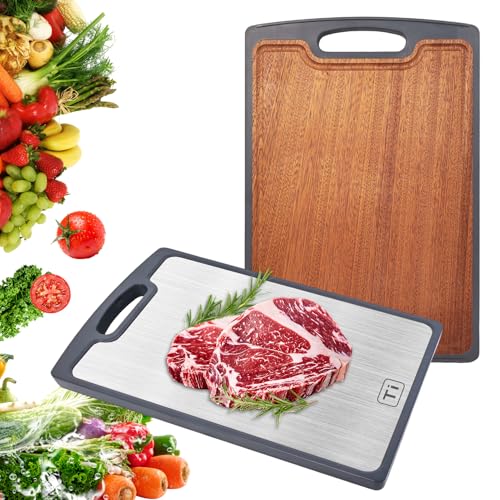 Tablas de Cortar Titanium para Cocina, Tabla de Corte Doble Cara de Madera 2 en 1 con Ranura para Jugo, GR1 Titanium de Calidad Alimentaria y Ébano, Fácil de Limpiar y Apta para Lavavajillas para Carne y Verduras miniatura 1