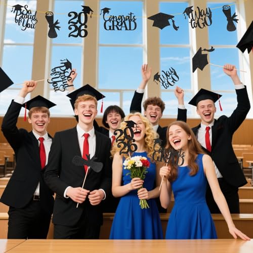 Image of Graduation Decorations 2026, 24 PCS Class of 2026 Double-Sided Centerpieces with Sticks, Black Glitter Grad Table Toppers and Party Supplies for Cake or Photo Booth