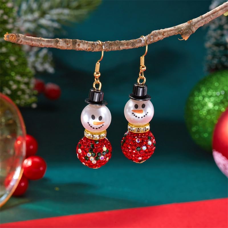 Snowman Earrings for Women Dainty Crystal Snowman Dangle Earrings Red Green Christmas Pearl Earrings Christmas Holiday Jewelry Gifts Costume Accessories - Image 6