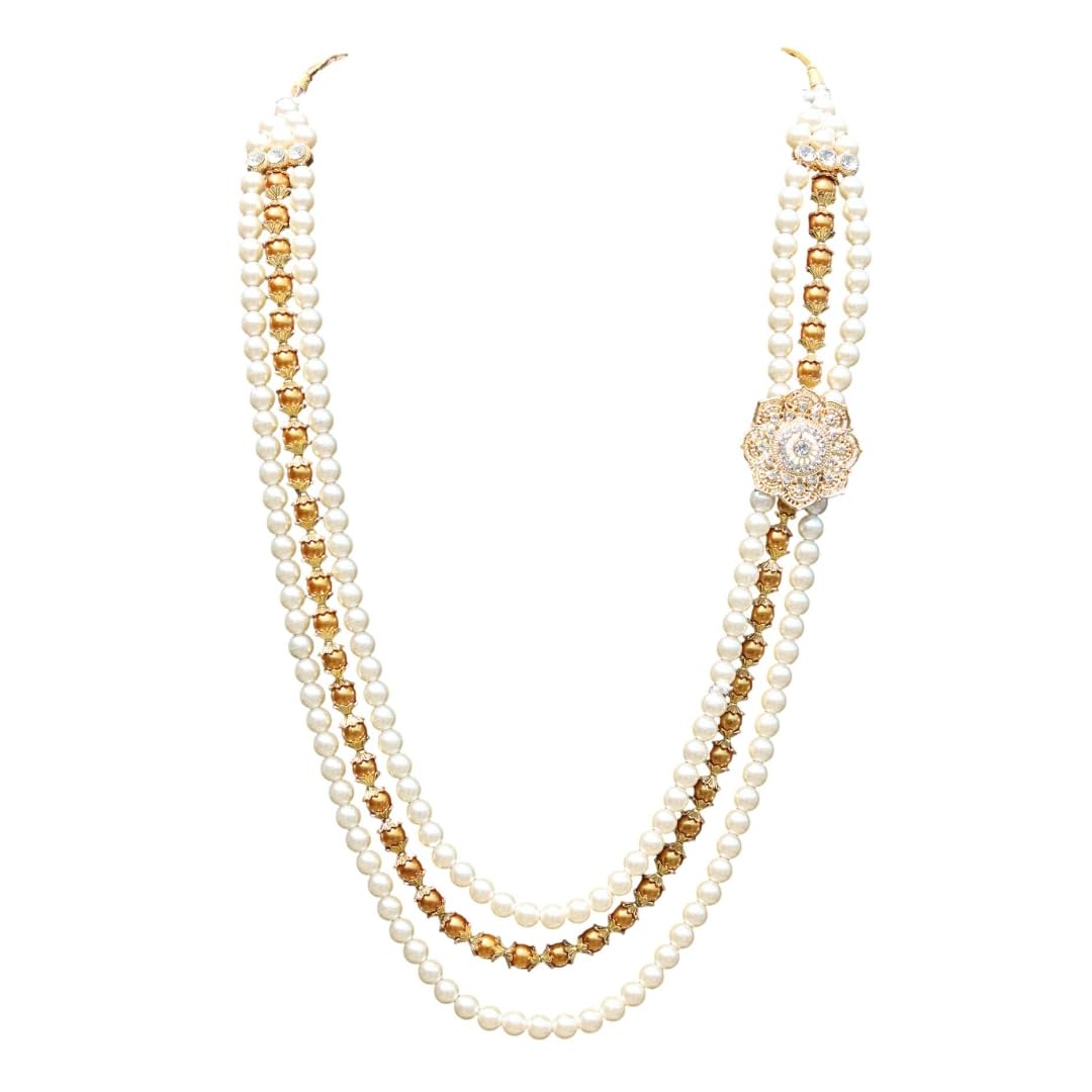 Handmade Pearl Stone & Studded AD(American Diamond) Necklace Jewellery For Men/Groom For Wedding(Dhula Mala/Kantha Haar) Or Special Occasions (7947)-image-27