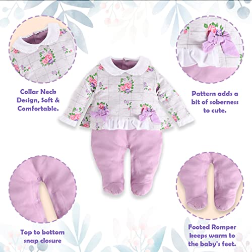 Image of BABY GO Cotton Footed Romper for Baby Girls | Cute Print Long Sleeve Sleepsuit with Front Snap Buttons | Newborn Jumpsuit & Pajamas