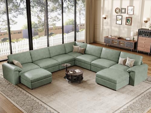 Image of EASE MOOSE Faux Leather Sectional Couch with Ottoman, Oversized Modular Sofa, Vintage Comfy Modular Couch, Scratch Resistant Material Sofas, U Shaped Couch for Living Room, Green