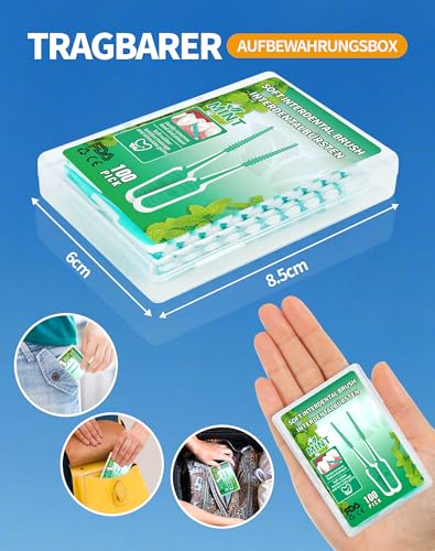 LAOYE 100 Stück SOFT Zahnsticks Minze Dental sticks Mint Interdentalreiniger Interdentalbürsten Silikon Zahnzwischenraumbürste Dentalbürste Dental Picks mit tragbarem Taschenetui