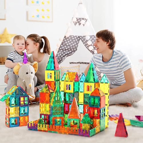 Image of DIMAZO 100 Pieces Magnetic Tiles Magnet for Girls Boys Sensory Magnetic Blocks Building Toys for Kids Preschool Learning Montessori Toy for 3 Year Old Toddler Age 3 to 8 (Multi 100 Magnetic Tiles)