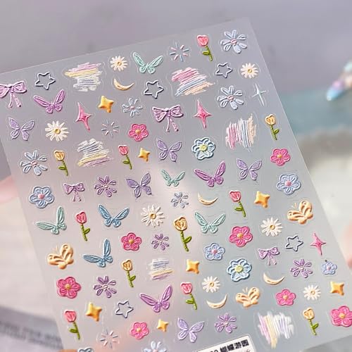 Image of Flower Nail Stickers Decals Colorful Nail Stickers for Nails Art Butterfly with Design 5D Embossed Self Adhesive Nails Charms for Women Manicure DIY Decoration Accessories