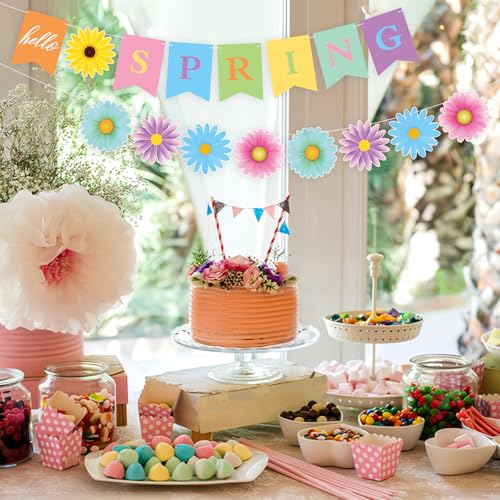 Image of Hooqict Hello Spring Banner Colorful Sun Flower Spring Party Banner Wildflower Garland Sign for Springtime Easter Birthday Party Decorations lndoor Outdoor Home Classroom Decorations
