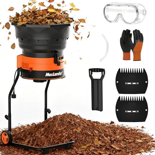 MAXLANDER Electric Leaf Mulcher/Shredder, 15 Amp 8400 RPM, 18:1 Ratio, Adjustable Dial, with Goggles, Leaf Scoops/Gloves, 20 Cutting Lines-Portable Garden/Yard Grinder & Chipper for Wet/Dry Leaves