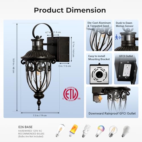 OPAXIS 2 Pack Porch Light with GFCI Outlet Distance and Time Adjustable, Bronze Motion Sensor Outdoor Lights for House, Retro Waterproof Exterior Lighting Fixtures for Doorway, Garage, Garden by OPAXIS - Used condition - Image 8