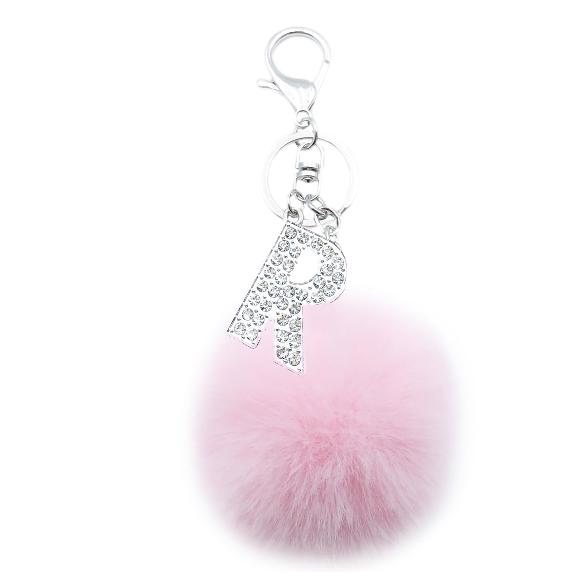 Unpafcxddyig Pom Pom Keychain Artificial Fur Pink Ball Rhinestone Alphabet Letter Key Rings for Car Handbag Charm