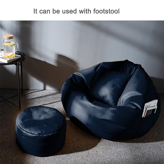 Image of INSTER Combo of Bean Bag Cover with Footrest and Cushion Only (Without Filling) Faux Leather Bean Bag Chair Couch Cover Seat Lazy Sofa (4XL, Navy Blue)
