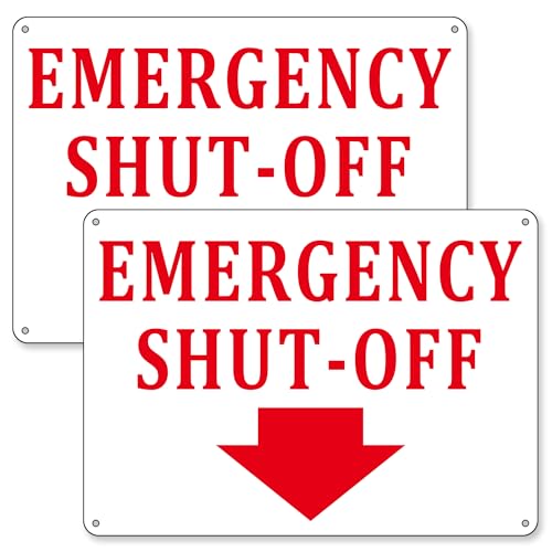 (2 Pack) Aluminum Emergency Shut-Off Sign, Emergency Shut-Off Signs with Down Arrow - Reflective Weatherproof & Rust-Free - Compliant Safety Sign for Doors and Wall - Easy to Install (10