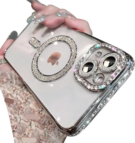 TWIKKA Case Compatible with iPhone 14 Plus, Cute Soft Clear Rhinestone Diamond Glitter Cover Women & Girls Compatible with MagSaf Camera Lens Protection Cases for iPhone 14 Plus (Silver)
