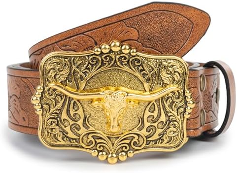 Voenkca Western Cowboy-Cowgirl Leather-Belts for Men - with Longhorn-Bull