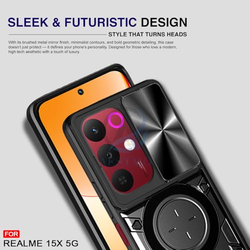 Image of AESTMO Armor realme 15X 5g / C85 5g Bumper Back Case Cover | Ring Holder & CD Pattern Sliding Camera Shutter Cover | Back Case Cover for realme 15X 5g / C85 5g (Black)