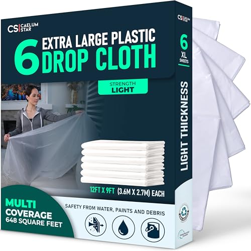 Caelum Star 6 Pack 12x9 ft Extra Large Plastic Drop Cloth for Painting, Furniture Covers, Painters Plastic Cover, Clear Paint Tarp, Floor Protector, Disposable Paint Drop Cloth, 55% Recycled