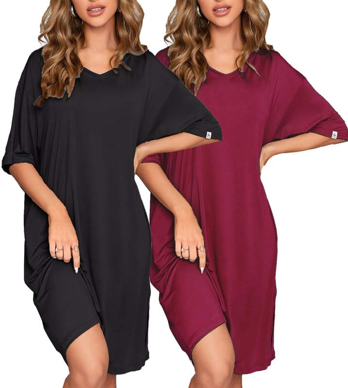 Image of ft FENTENG 2-Pack Women's Nightgowns Short Sleeve Nightshirt V Neck Soft Sleepwear Casual Sleepshirts Loose Pajama Dress