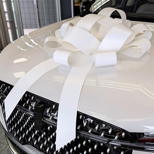 Image of CarBowz Big Car Bow for Decorations and Birthday Gifts, Large Ribbon, Magnet, Safe Sticker Included, Fully Assembled 30 inch Wide Huge Bow, No Suction Cup Needed (White)