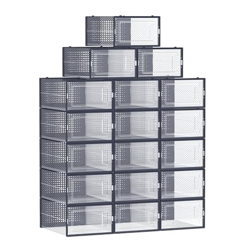 SONGMICS Boîtes à Chaussures, Lot de 18, Rangement Chaussures, Pliable, pour Pointure Jusqu’à 44, Transparent et Bleu Carbone LSP18SB30