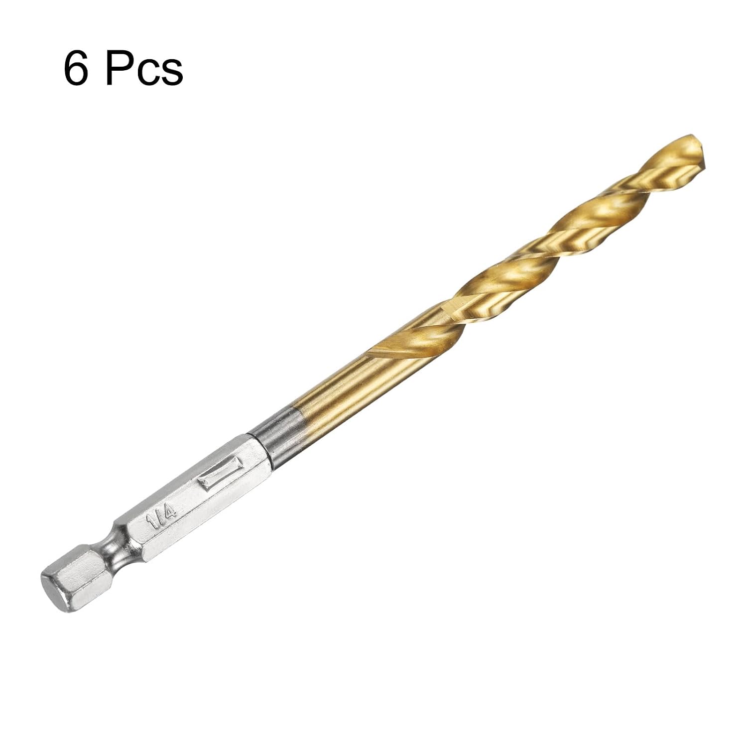 HARFINGTON 6pcs 1/4" Hex Shank Drill Bit 1/4" Gold Titanium M2 High Speed Steel Twist Drill Bit 135 Degree Split Point Tip Drilling Tool with Quick Change Hex Shank for Metal Wood Plastic