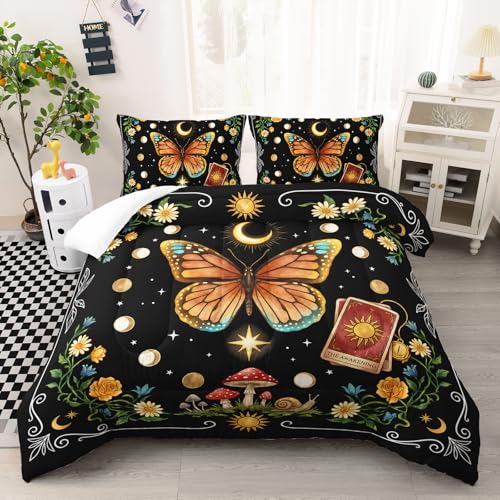 Image of AILONEN Full Celestial Butterfly Comforter Set, Moon Phase Botanical Mushroom Bedding, Boho Night Sky Decor, Lightweight Cozy Microfiber Teens Gamer Cool Loft
