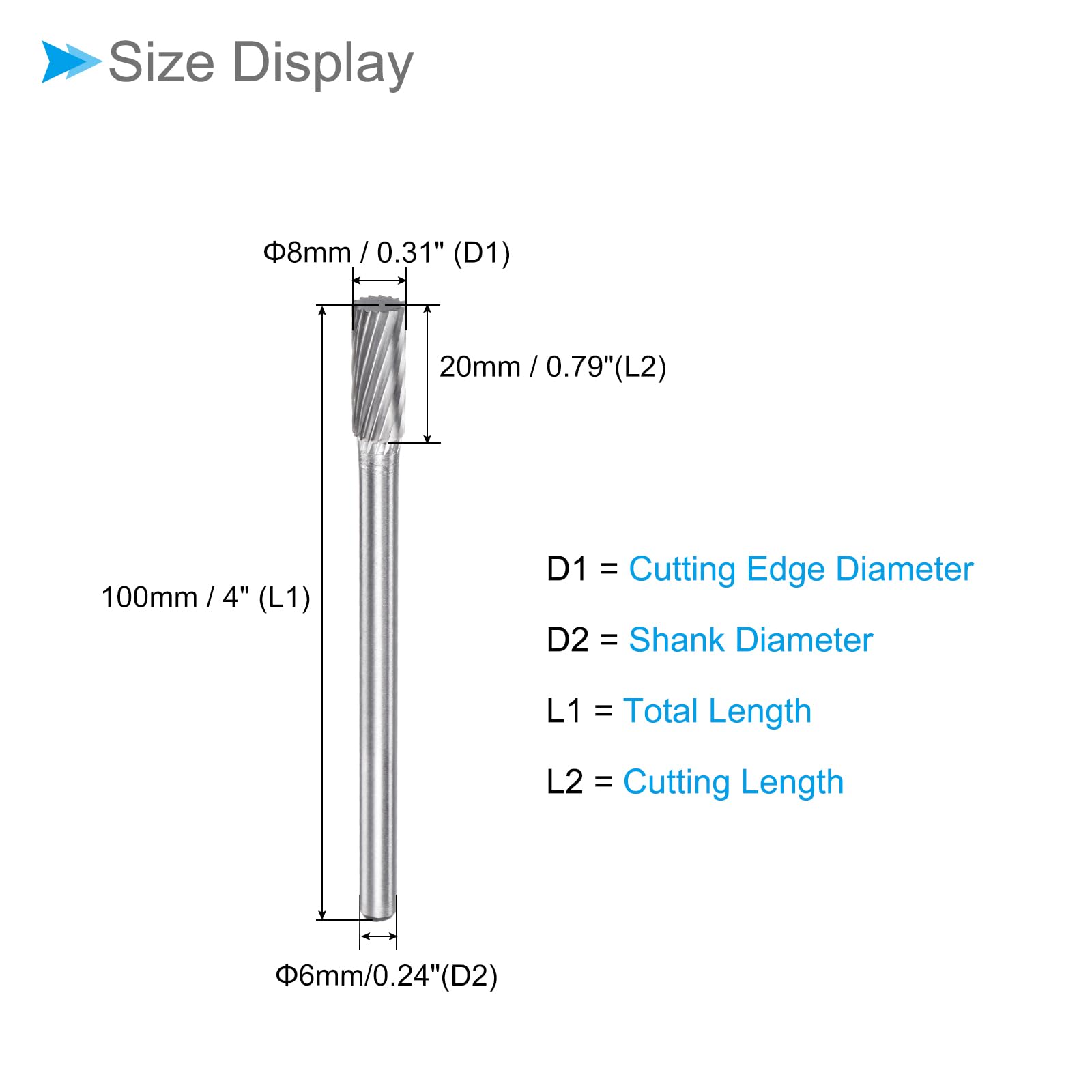 CoCud Tungsten Carbide Rotary Burrs File, 6mm Shank 8mm Dia, Single Cut Cylinder Shape Rotary Burrs Tool - Image 2