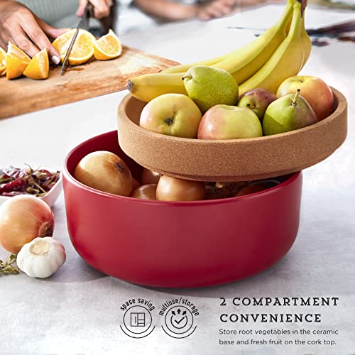 Image of Ceramic and Cork Large Breathable Produce Bowl with Lid to Naturally Extends Produce Freshness, Natural Cork and Red Ceramic