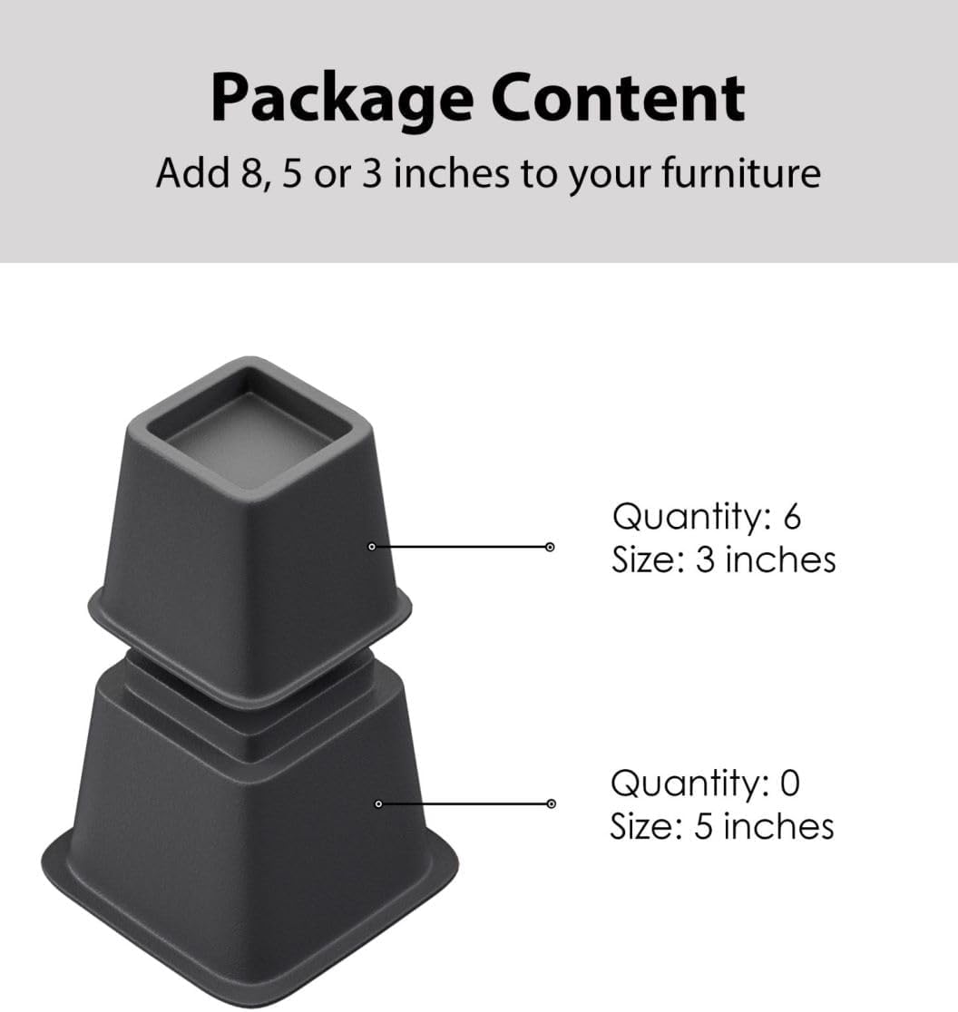 Bed Furniture Risers 3 Inches, Heavy Duty Bed Lifts in Heights of 3 Inches, Furniture Risers for Bed, Couch, Desk, Sofa, Chair, Table Legs Extenders (Pack of 6, Black)