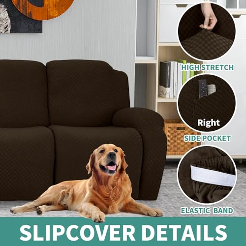 Image of YEMYHOM 4 Pieces Oversized Stretch Recliner Slipcover Jacquard Large Recliner Chair Cover with Side Pocket Anti-Slip Fitted Furniture Protector with Elastic Bottom (X-Large Recliner, Dark Coffee)