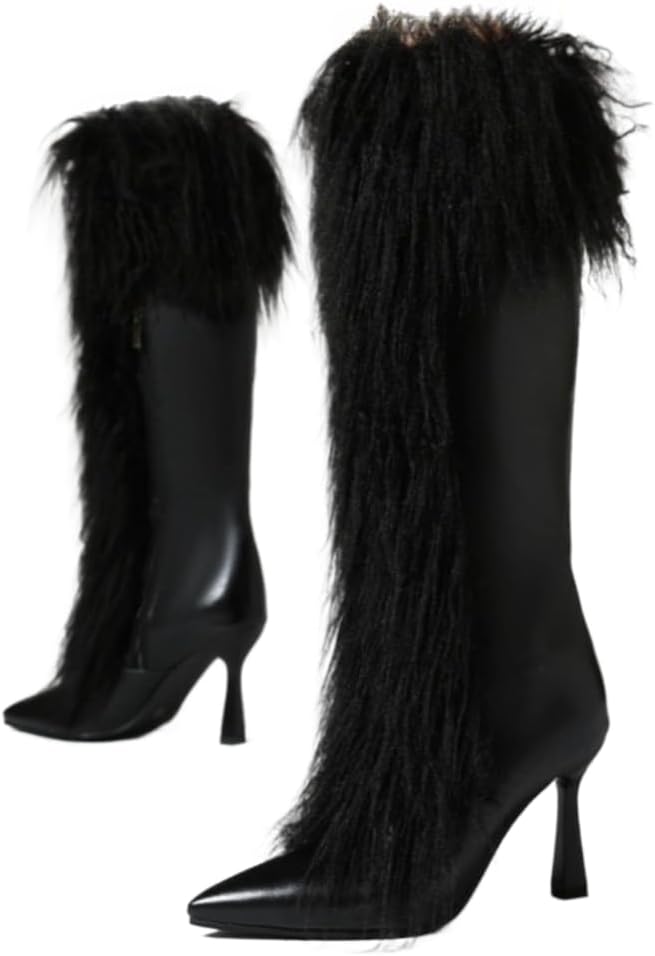 Rave Thigh High Fur Boots Y2K for Women Kitten Heel, Faux Furry Fluffy Fuzzy Snow Winter Boots, Goth Emo Grunge Punk Cute Fashion Trendy, EDM Festivals Concert Parties Club, Christmas New Year Holiday