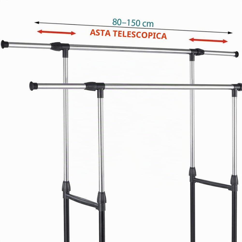 BAKAJI Stand Appendiabiti Salvaspazio in Acciaio con Ruote Aste Telescopiche Regolabile in Altezza e Larghezza (Doppio)