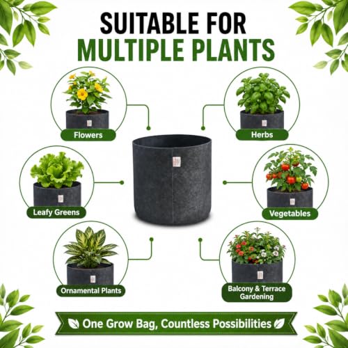 Image of Casa De Amor 400 GSM Geo Fabric Plant Grow Bag, Dark Grey 10 x 10 Inch Pack of 5, Round Fabric Pots for Terrace, Balcony, Flowers & Vegetable Gardening