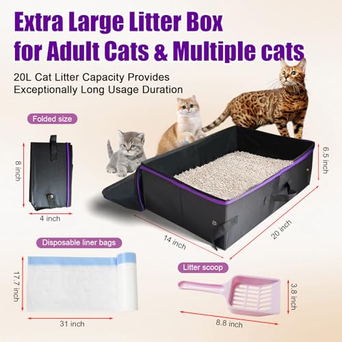 Image of 20x14x6.5 Inches, Large Portable Cat Travel Litter Box with Zipped Lid & 10 Liners, Leak-Proof, Lightweight, Sturdy & Waterproof and Foldable Travel Cat Litter Box for Hotels, Car, & Camping