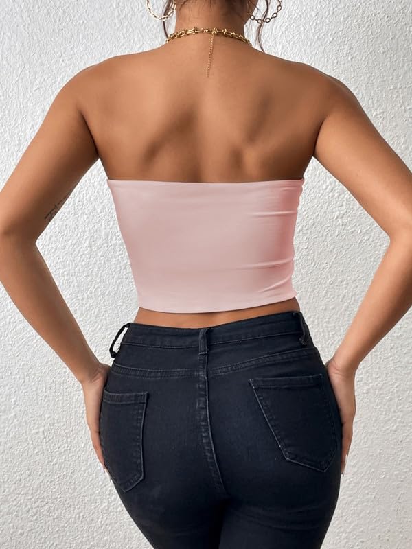 Tube Top Damski T-shirt bez ramiączek Lato Bandeau Slim Fit Bez rękawów Crop Topy z elastycznym paskiem Podwójna warstwa Bluzka Podstawowa tuba Y2K Koszula Sexy Bez wyściółki Stroje