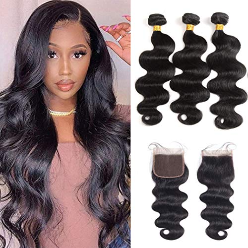 SEXAY Hair Brazilian Body Wave Human Hair 3 Bundles with Closure(20 22 24+18Inch)100% Unprocessed Body Wave Virgin Hair Weave Weft for Women Natural Color (20"22"2"+18"Closure)