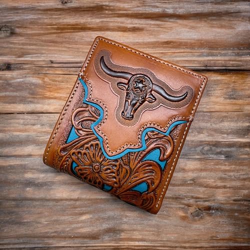 Men’s Short Leather Wallet – Embossed Longhorn Motif with Laser Cut Design – Western Cowboy Bifold Wallet for Ranchers, Cattlemen & Rodeo Gift Ideas2