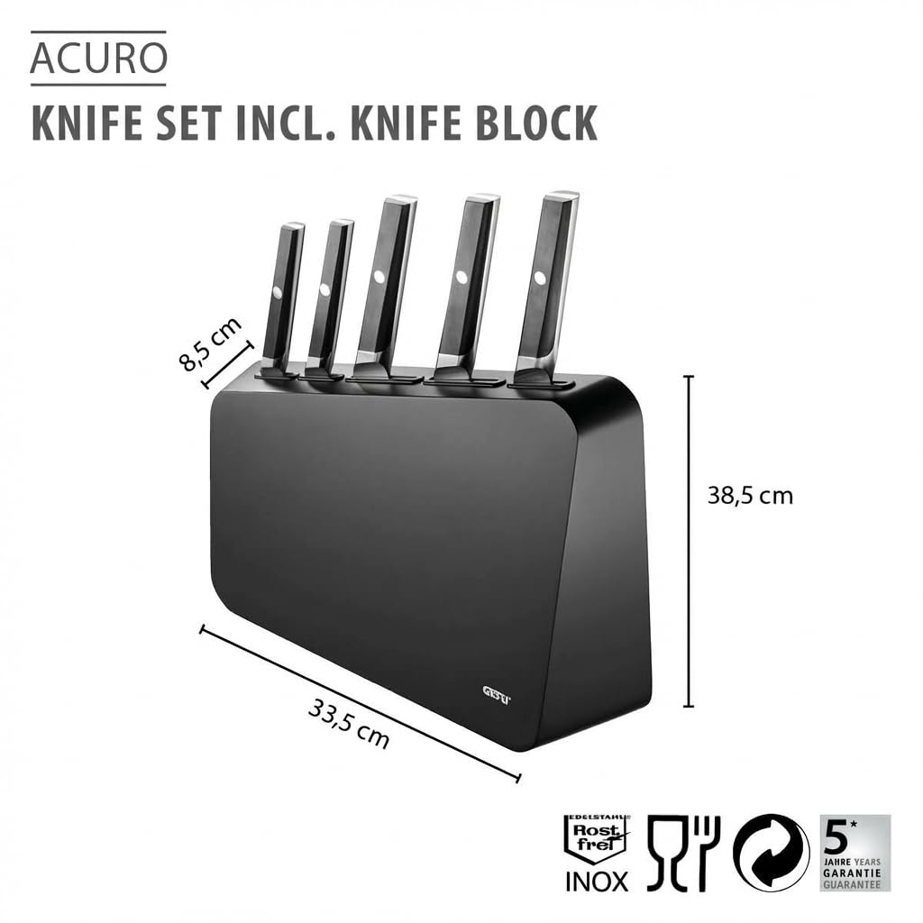 GEFU ACURO Juego de 6 cuchillos con bloque de cuchillos, cuchillo de pan, cuchillo de chef, santoku, universal y vegetal, acero alemán, HRC 57, ergonómico, duradero y elegante
