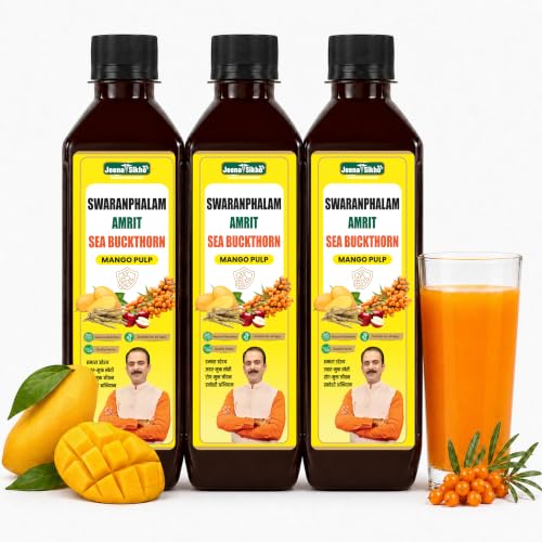 Image of Jeena Sikho Swaranfalam Amrit Sea Buckthorn Berry Pulp /Juice Mango Flavour | Natural Vitamin C, Rich Omega 3 6 7 9, | Ayurvedic Immunity Juice | With Mango & Ashwagandha | Antioxidants For Immunity, Skin Glow & Gut Health, 500 ml, Pack of 3