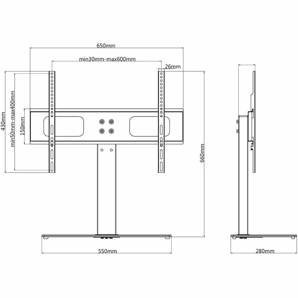 Supporto TV regolabile in altezza per schermi da 37-55 pollici, in acciaio verniciato a polvere, max VESA 600 x 400 mm, 40 kg, con base in vetro, salvaspazio, per soggiorno e ufficio