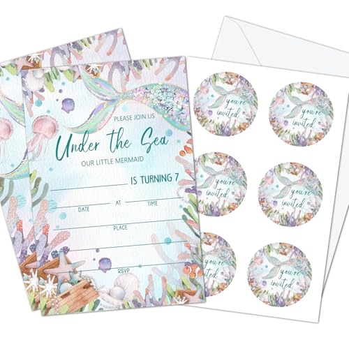 HQLOW Set of 20 Mermaid Birthday Invitation, Seabed Creatures Party Invitations for 7th Grils & Kids with Envelopes and Pieces Stickers, Supplies for Sea Ocean Theme Birthday Partys Decorations -08
