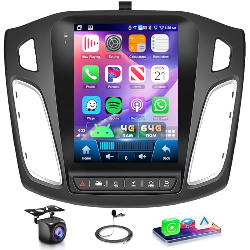 4G+64G Vertical Android Car Stereo Radio for 2012 2013 2014 2015 2016 2017 2018 Ford Focus, Wireless CarPlay Android Auto HD IPS Touch Screen Bluetooth Mirror Link GPS WiFi FM Backup Camera Mic