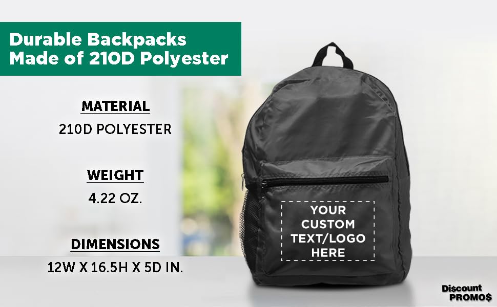 Image of DISCOUNT PROMOS Custom Simple Functional Backpacks Set of 1, Personalized Text, Logo, Picture - Water Resistant, Lightweight - Black
