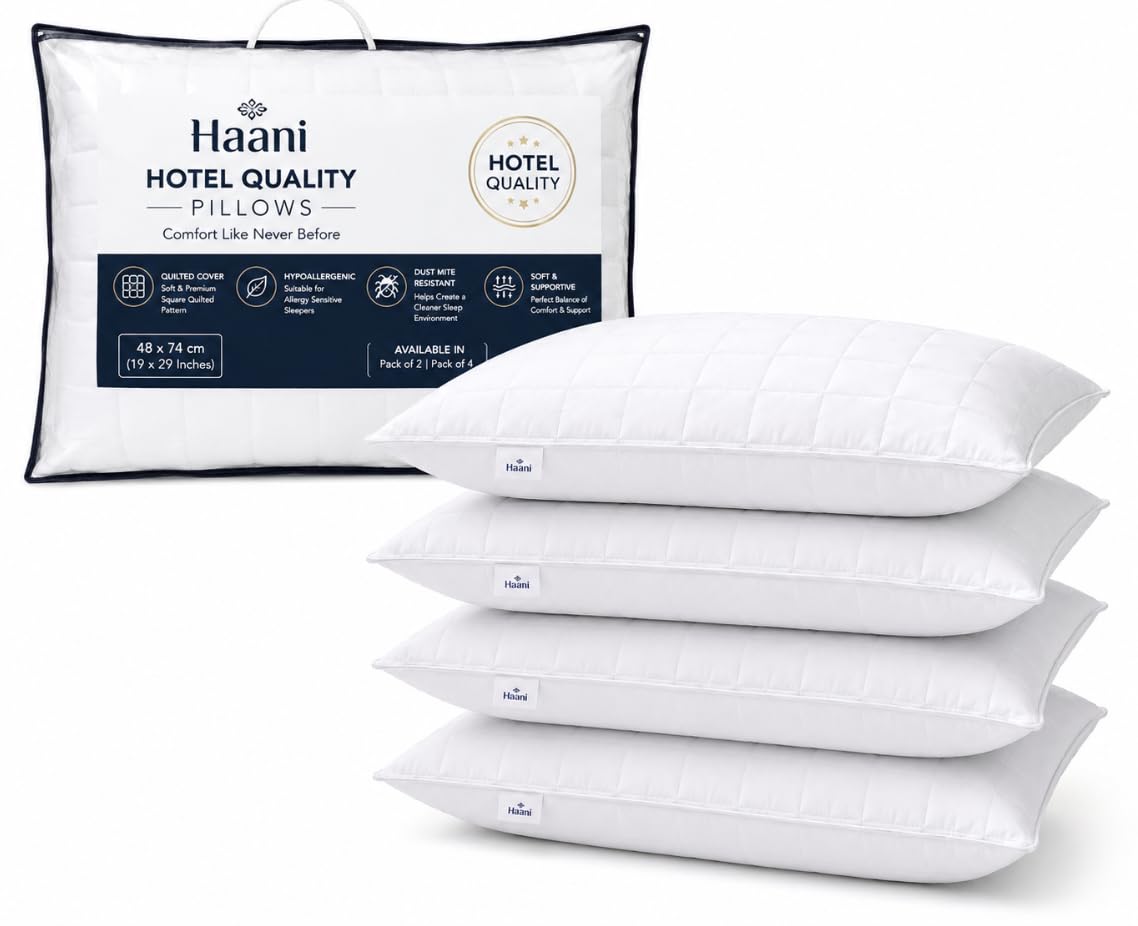 Haani Hotel Quality Pillows Pack of 1/2/ 4/6 (48 x 74 cm) Quilted Cover Hypoallergenic & Dust Mite Resistant Filling | Soft & Supportive Bed Pillows for Side, Back & Front Sleepers (Pack of 4)