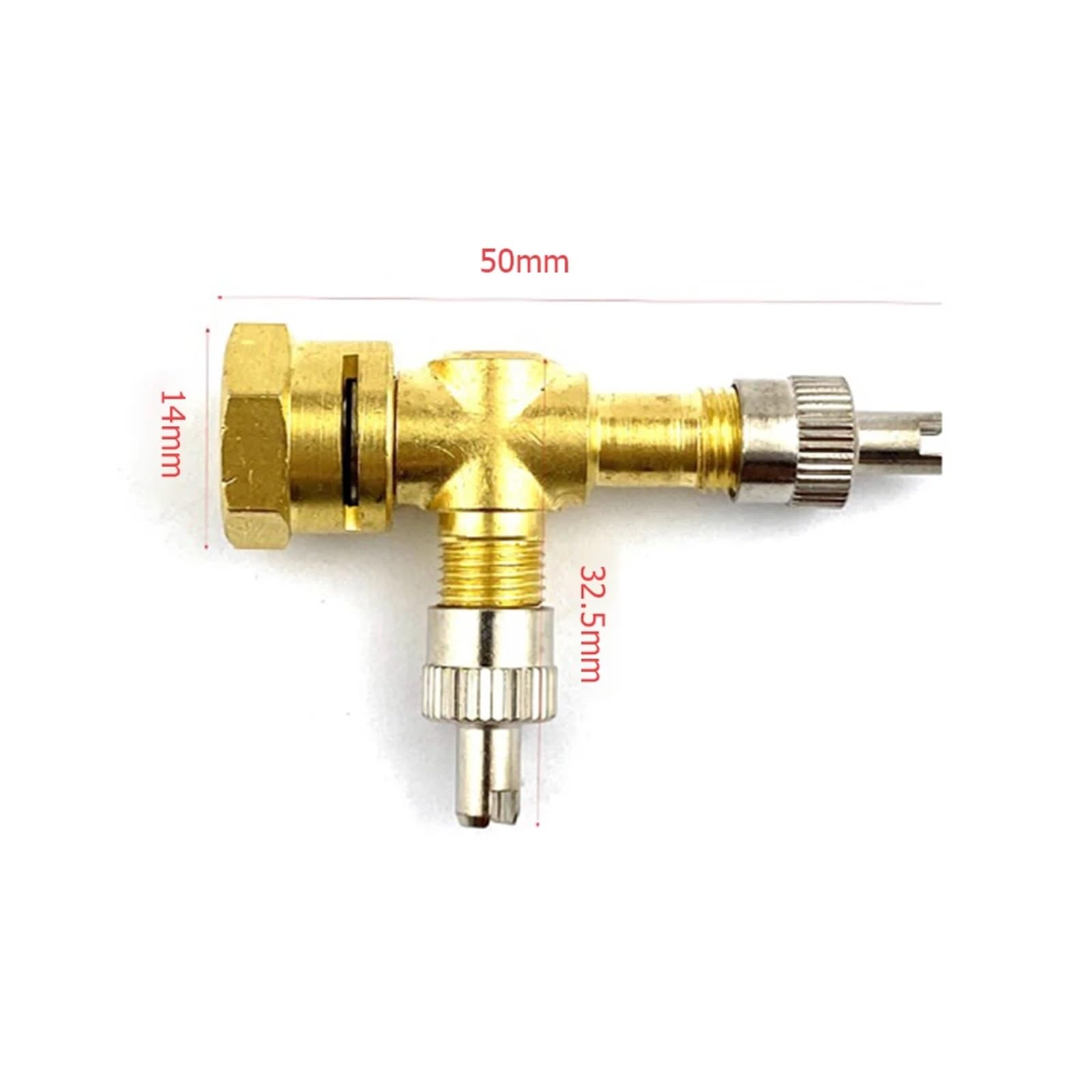 Adaptador de válvula en T de 3 vías, de cobre puro, amarillo, for depuración de neumáticos de coche, accesorios for válvulas de purga de neumáticos for motocicletas y automóviles.