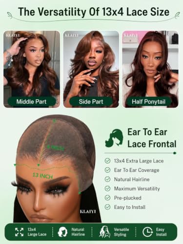 Image of KLAIYI Auburn Chestnut Brown Loose Body Wave Pre Everything Glueless 13x4 Lace Front Wigs Human Hair Drawstring Precut Lace Pre Plucked Bleached Ready to Wear and Go Wig with Face Framing Bang 26Inch
