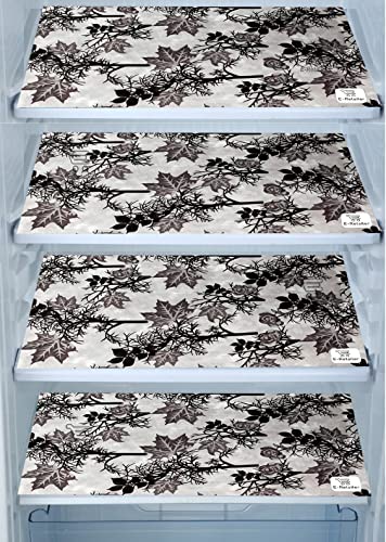 Image of Polyester 3-Layered Fridge Top Cover /Refrigerator Cover With Utility Pockets and Set of 4 Pc Fridge Mats (Color-Floral Black, Size-39x21 Inch)